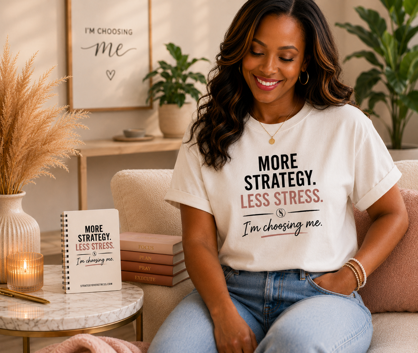 More Strategy. Less Stress. I'm Choosing Me. t-shirt and journal bundle