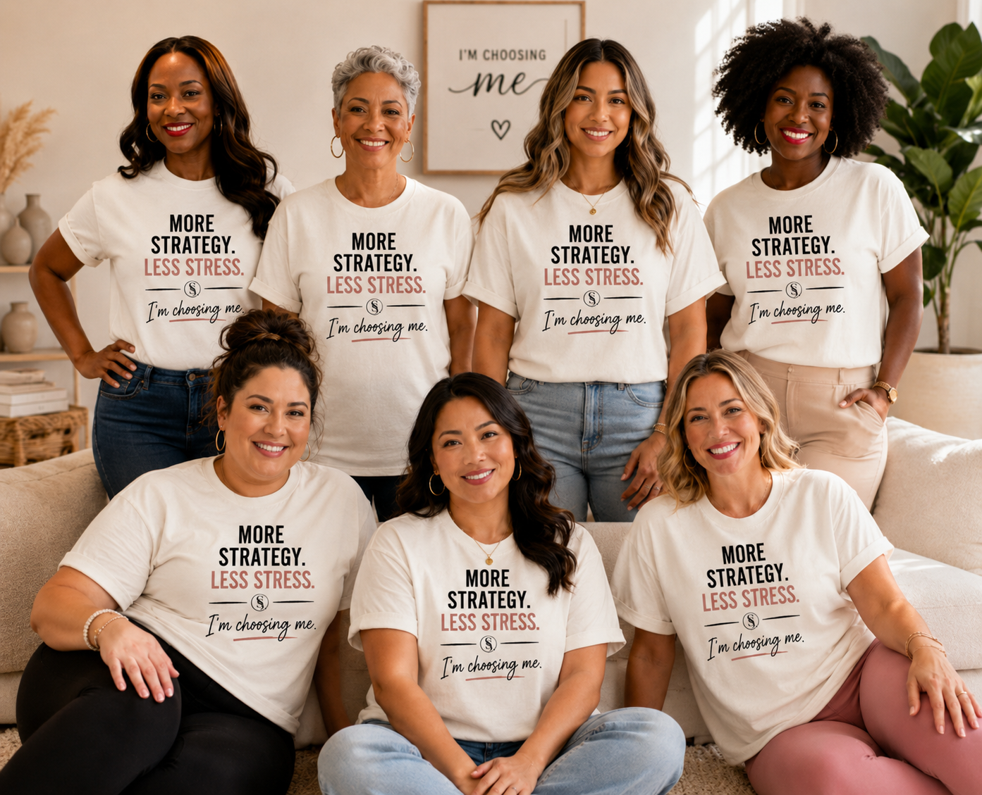 Women wearing More Strategy Less Stress I'm Choosing Me t-shirts