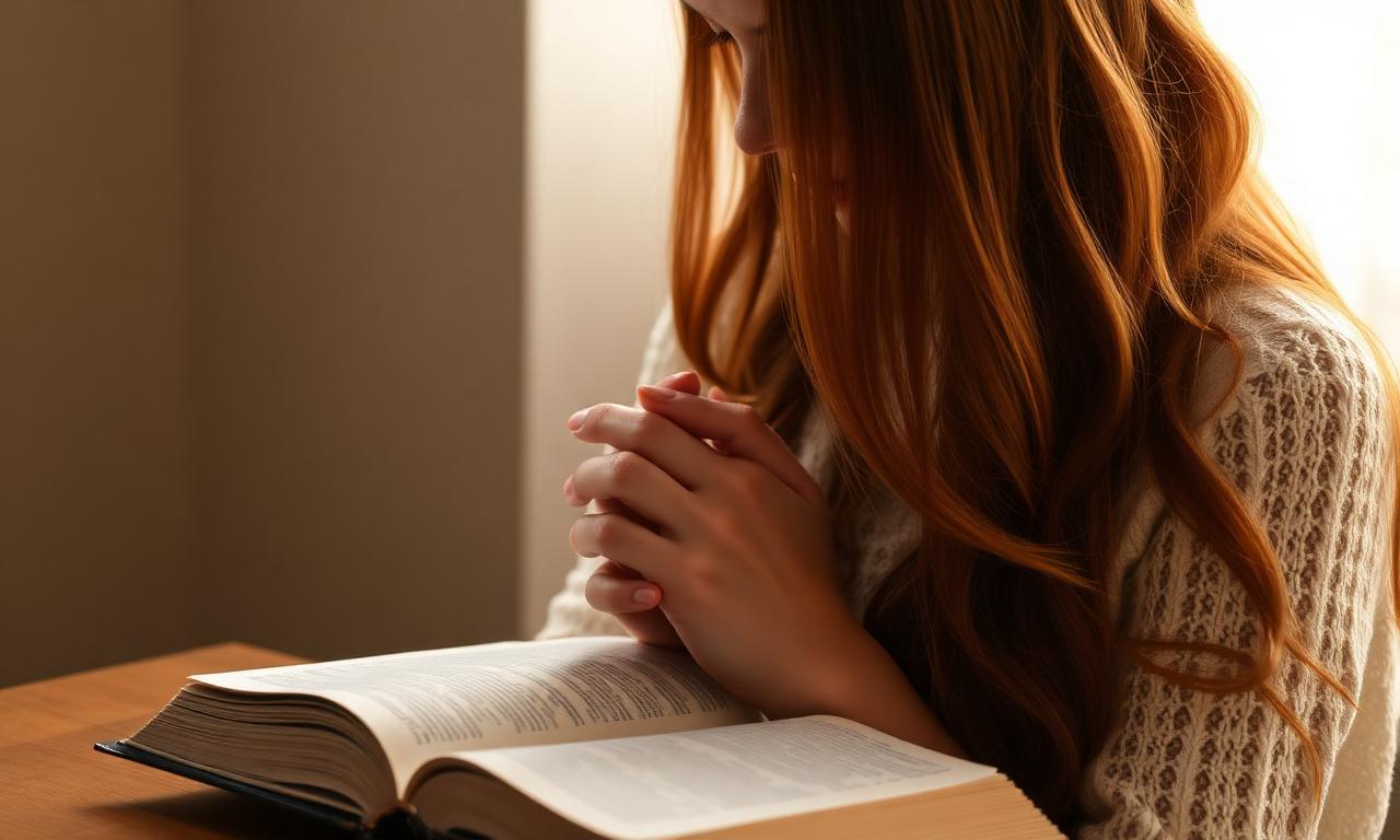 Woman praying over Bible
